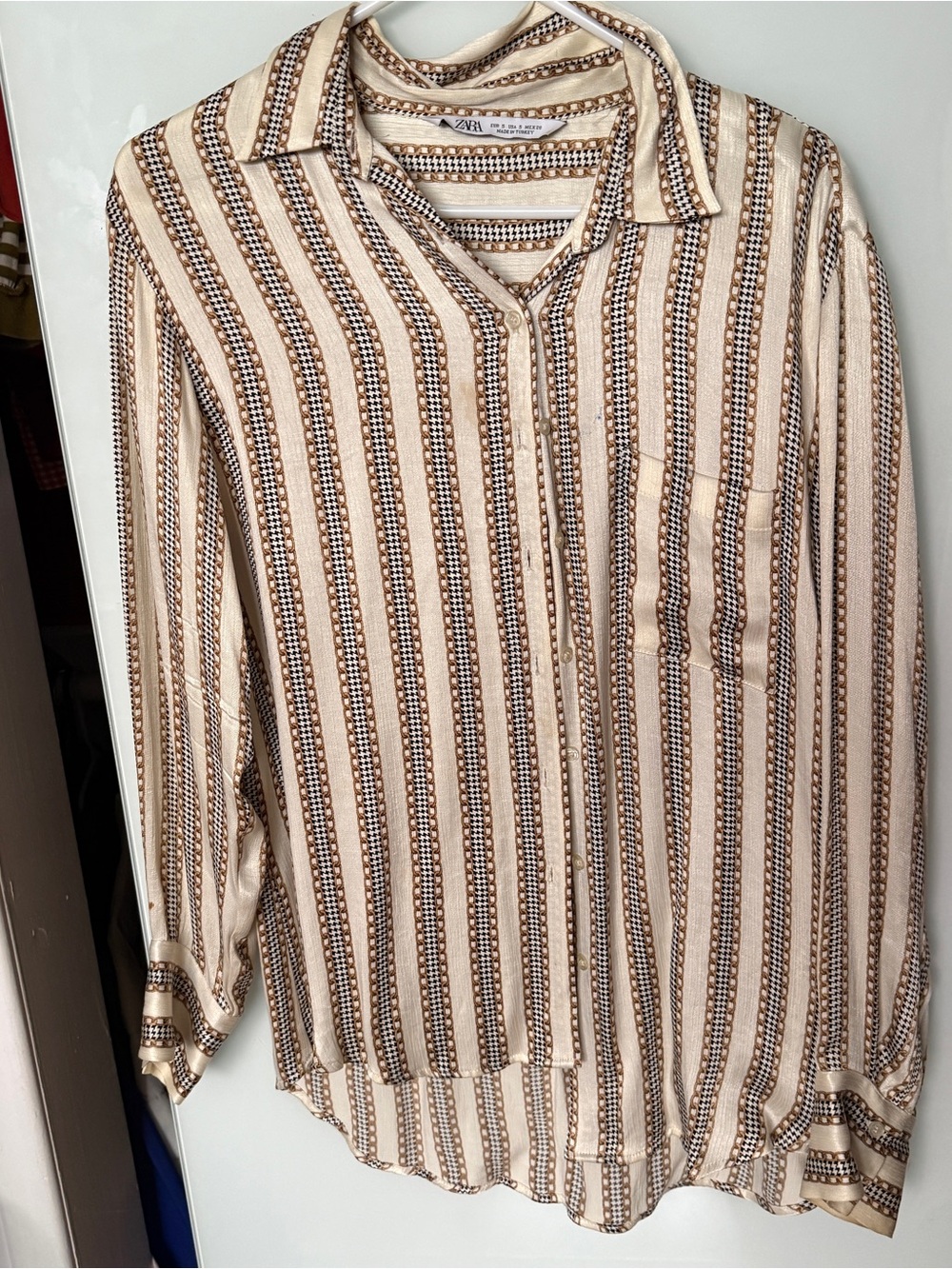 Zara Beige and Brown Vertical Stripe Button-Down Shirt